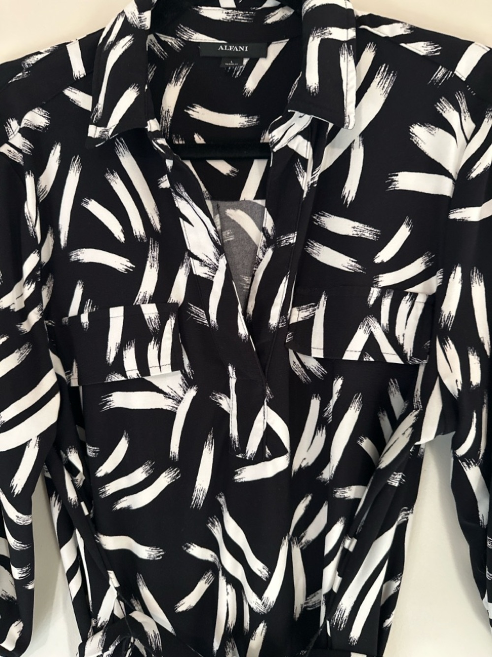 Alfani Black White Shirt Dress Size L Midi Belted Tie Waist Stretch Work Dress - Picture 5 of 11